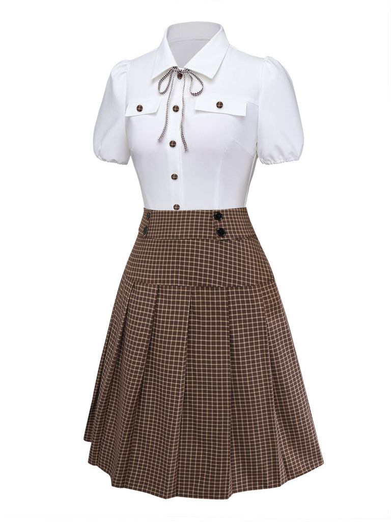 [Prévente] 2PCS chemisier carreaux boutons et nœud et jupe plissée années 40