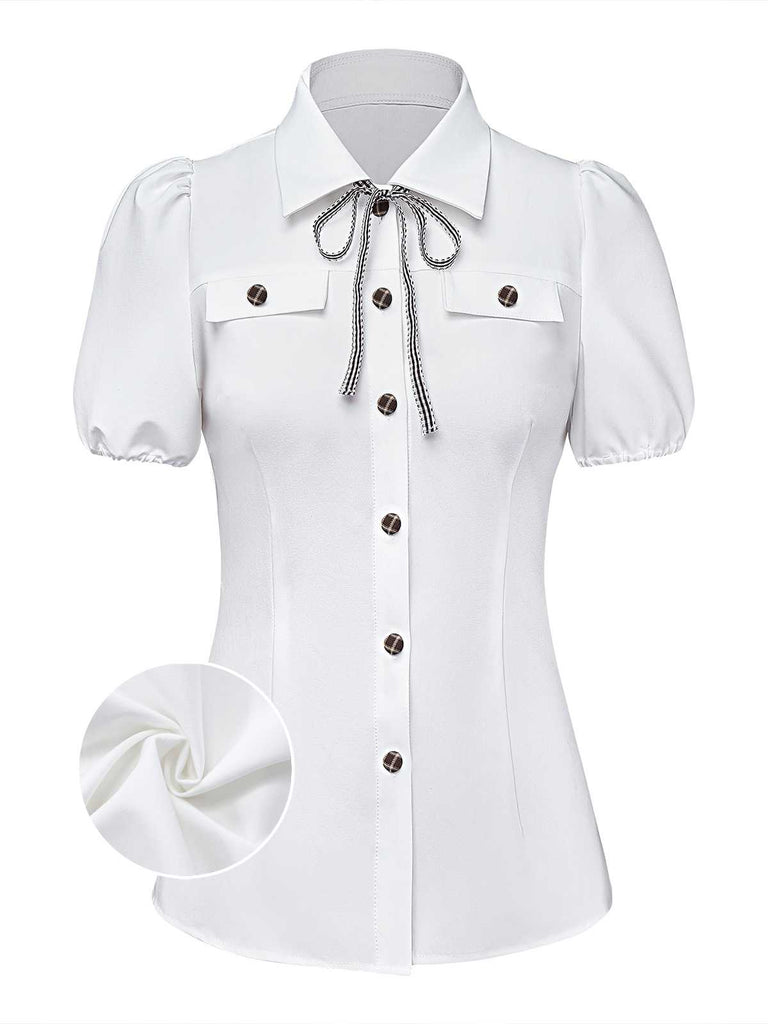 [Prévente] Chemisier blanc carreaux boutonné et nœud papillon années 1940