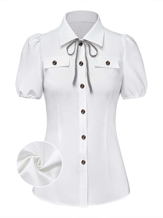 [Prévente] Chemisier blanc carreaux boutonné et nœud papillon années 1940