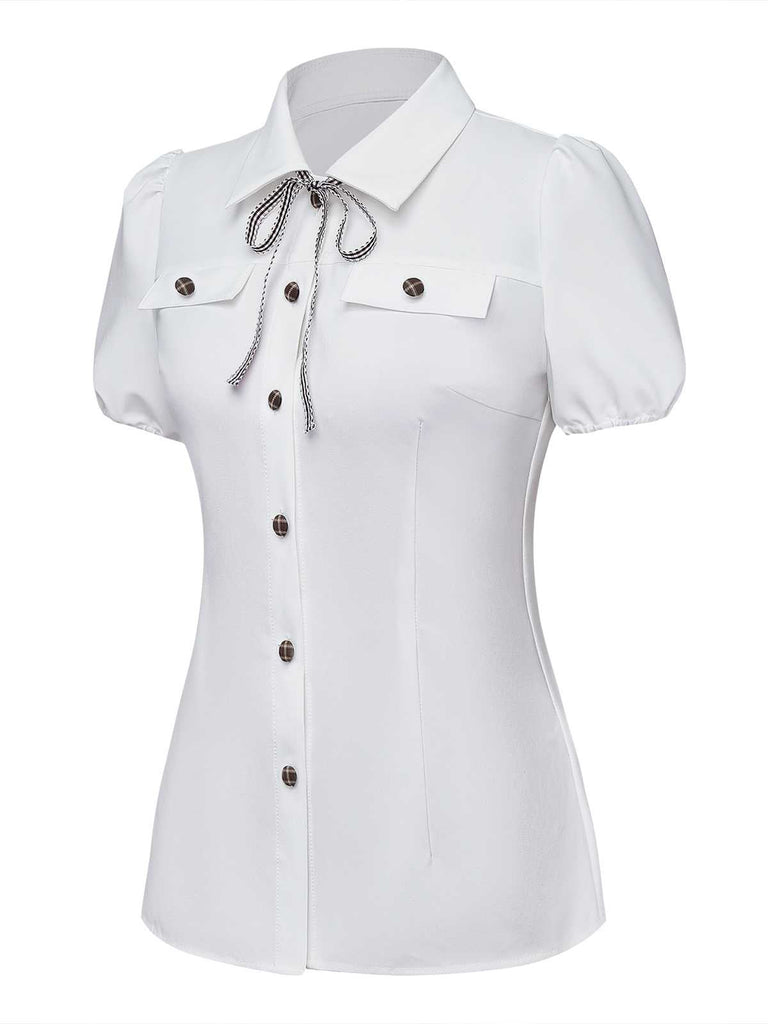 [Prévente] Chemisier blanc carreaux boutonné et nœud papillon années 1940