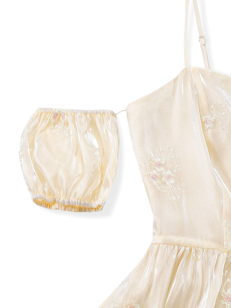 [Prévente] Robe en organza blanche à manches bouffantes brodées années 1950