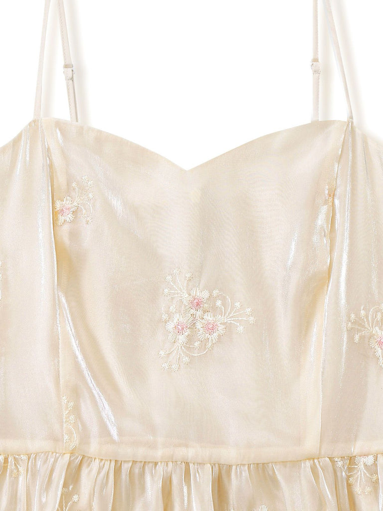 [Prévente] Robe en organza blanche à manches bouffantes brodées années 1950