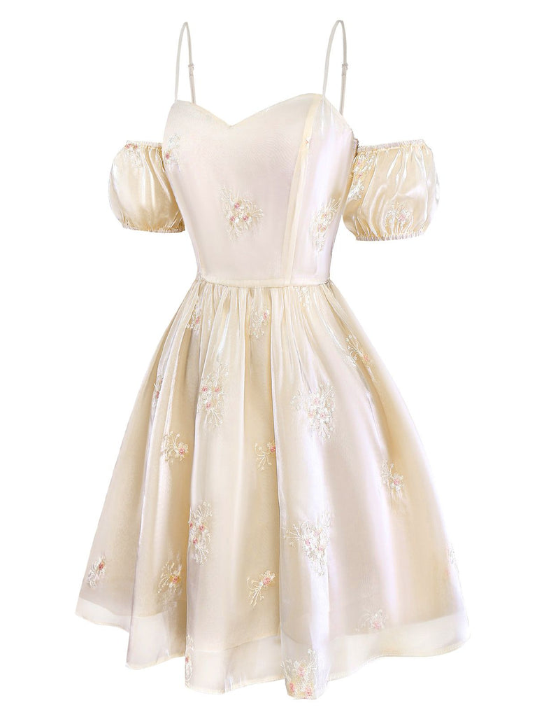 [Prévente] Robe en organza blanche à manches bouffantes brodées années 1950