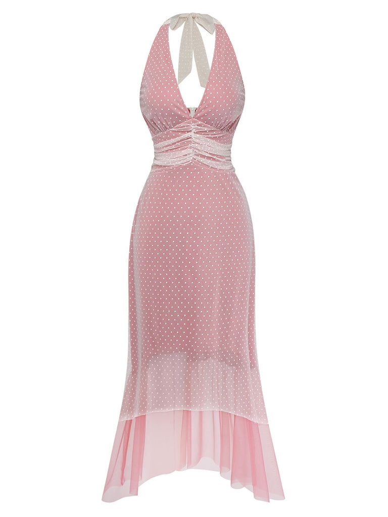 [Prévente] Robe rose poudré à pois col en V années 30