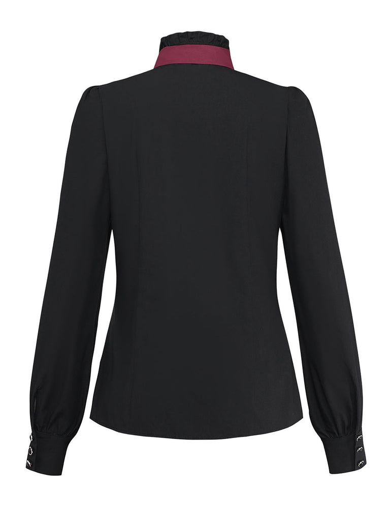 [Prévente] Chemisier noir en coton plissé et nœud papillon années 1940