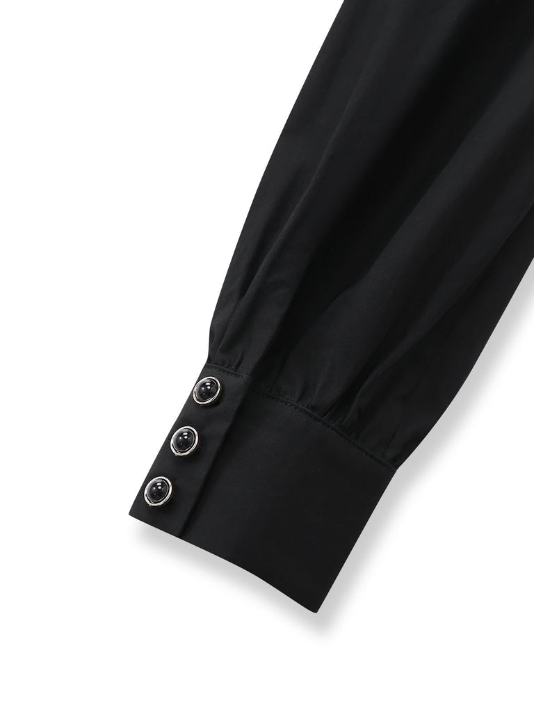 [Prévente] Chemisier noir en coton plissé et nœud papillon années 1940