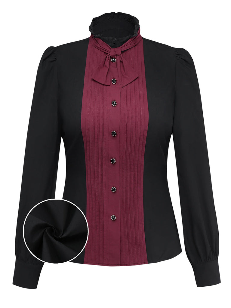 [Prévente] Chemisier noir en coton plissé et nœud papillon années 1940