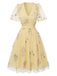 [Prévente] Robe jaune manches bouffantes et broderies florales en résille années 50