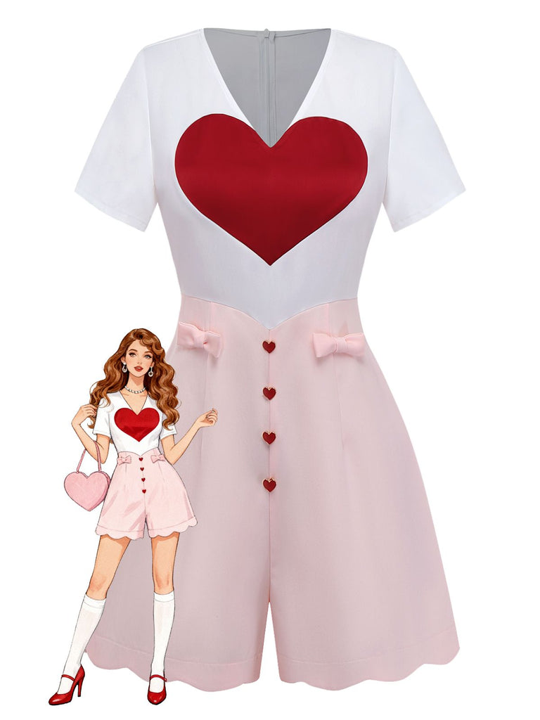 [Prévente] Combinaison Blanche à Imprimé Cœur et Boutons Roses Années 1960