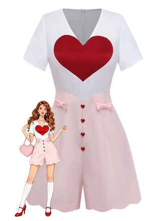 [Prévente] Combinaison Blanche à Imprimé Cœur et Boutons Roses Années 1960