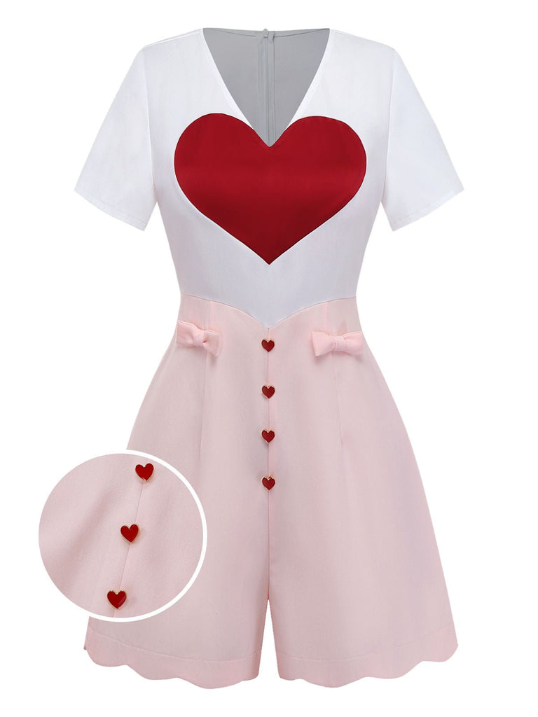 [Prévente] Combinaison Blanche à Imprimé Cœur et Boutons Roses Années 1960