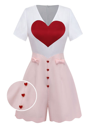 [Prévente] Combinaison Blanche à Imprimé Cœur et Boutons Roses Années 1960