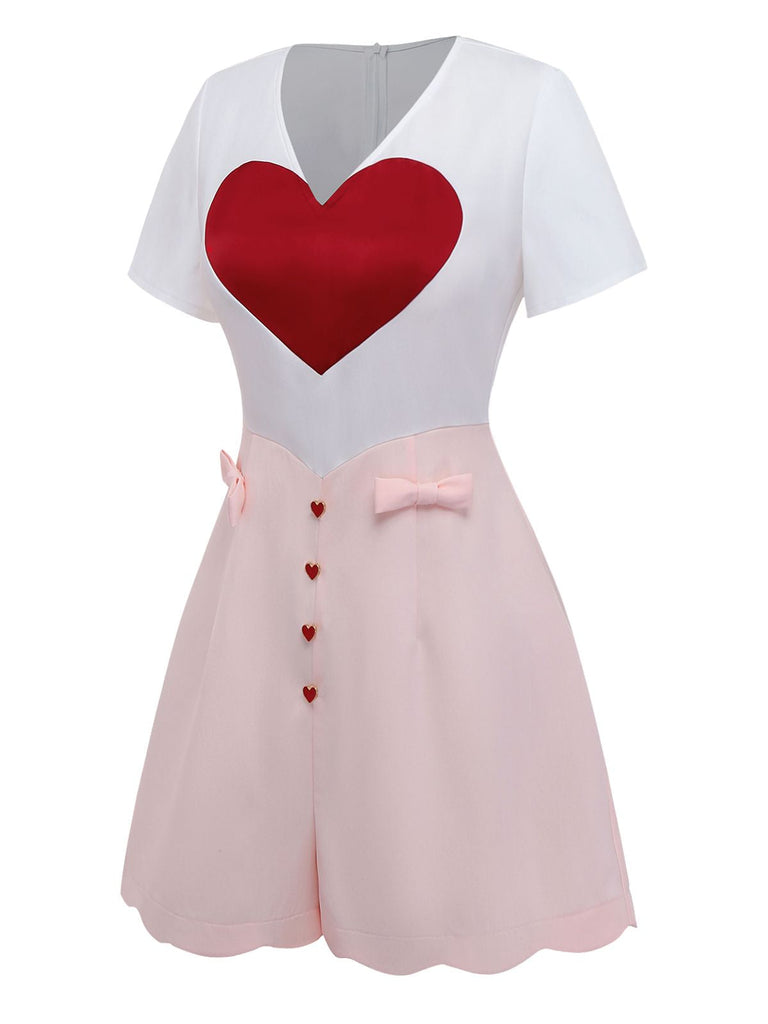 [Prévente] Combinaison Blanche à Imprimé Cœur et Boutons Roses Années 1960