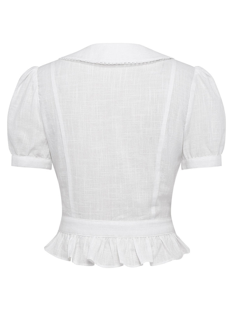 [Prévente] Blouse Blanche Coton Col Claudine Dentelle Plissée Années 1950