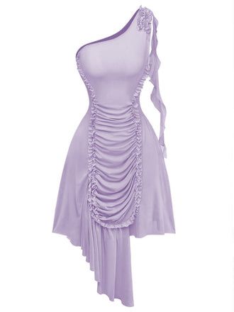 Robe asymétrique violette à volants et à une épaule en maille années 70