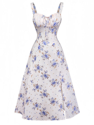 Robe beige à fleurs avec lacets et fente latérale années 1950