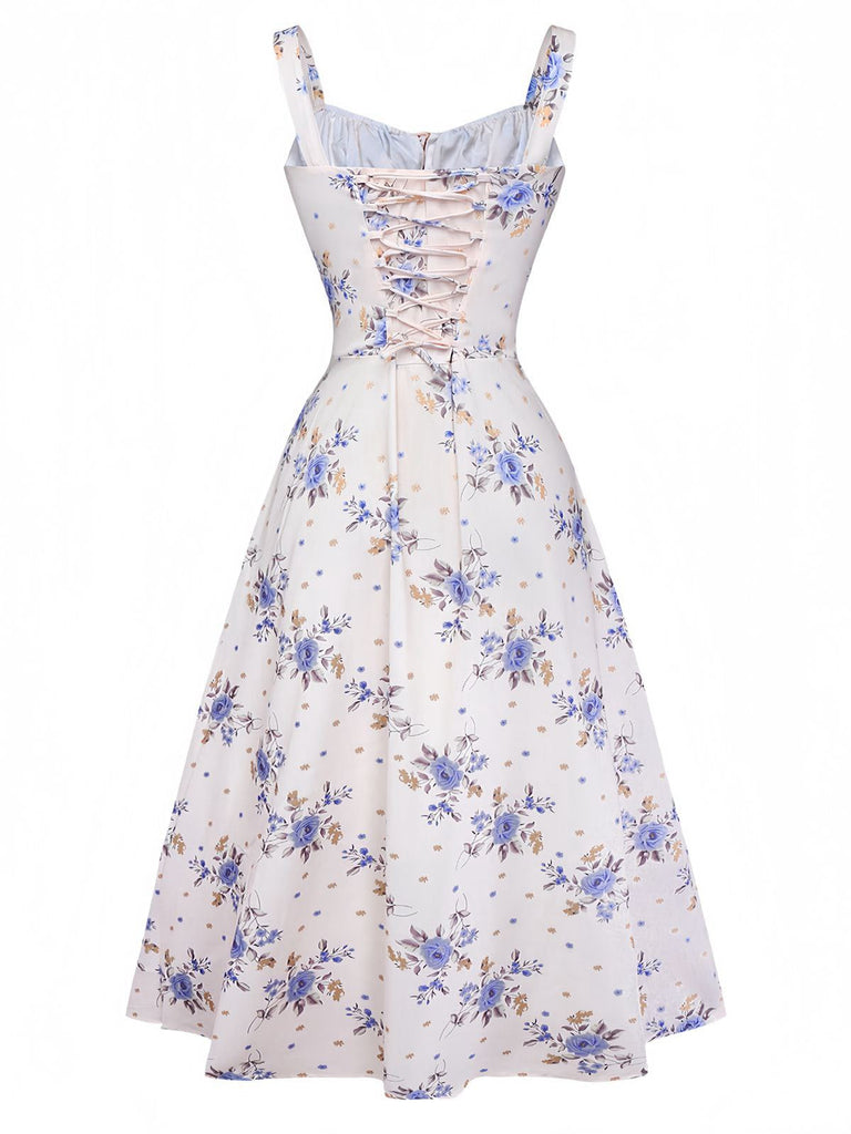 Robe beige à fleurs avec lacets et fente latérale années 1950