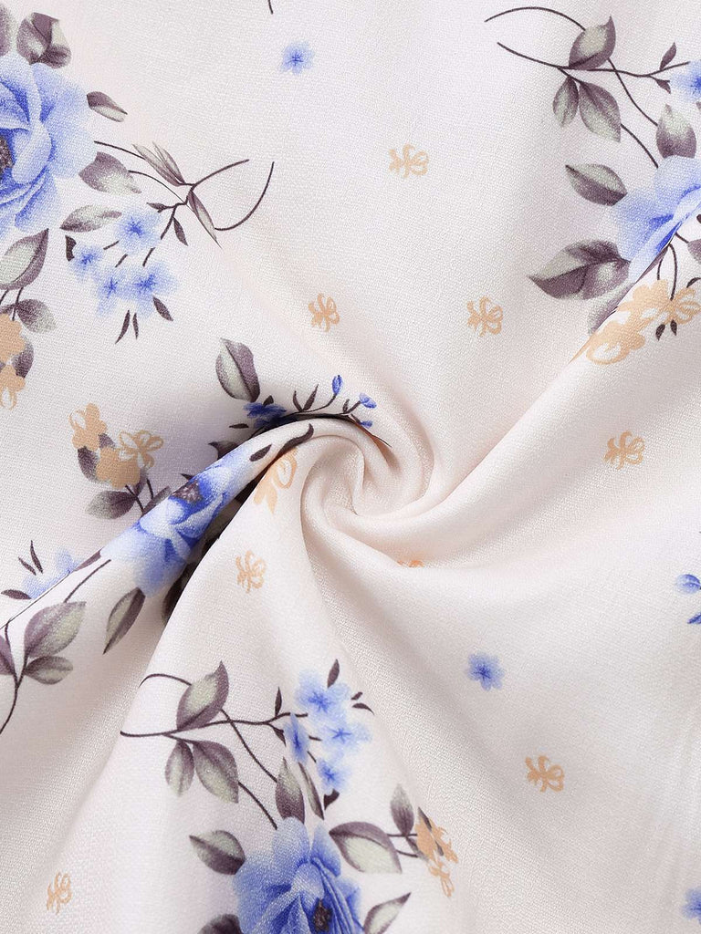 Robe beige à fleurs avec lacets et fente latérale années 1950