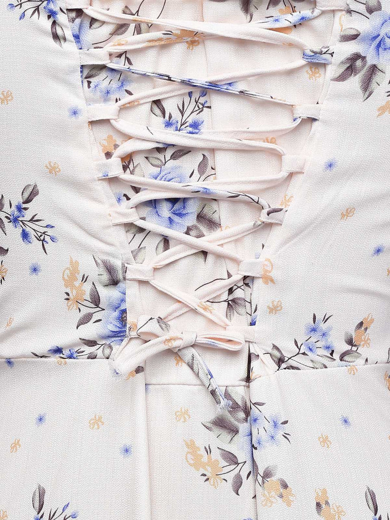 Robe beige à fleurs avec lacets et fente latérale années 1950