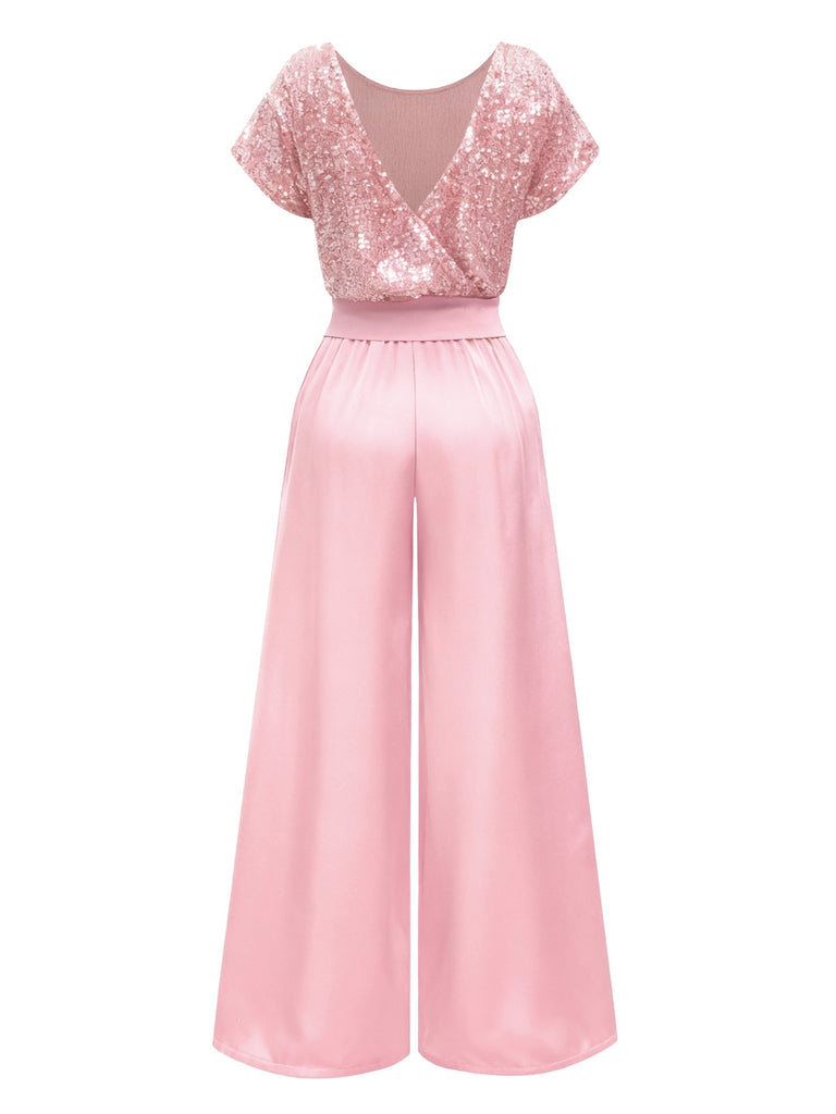 Combinaison à jambes larges à paillettes rose des années 1960