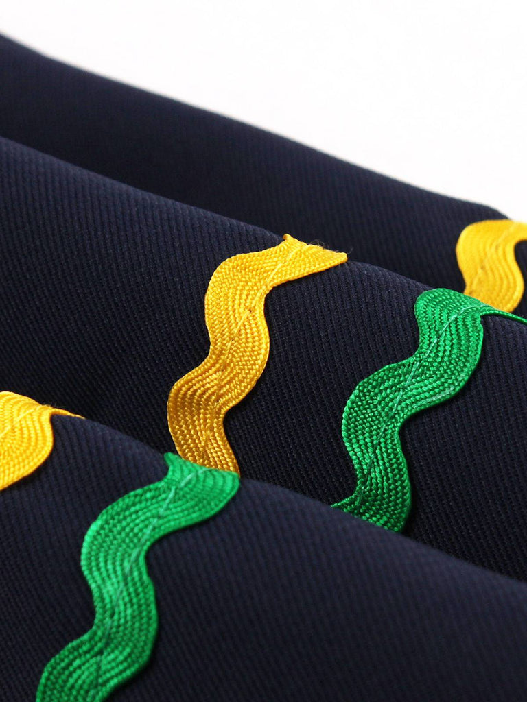 Robe sans manches à rayures ondulées bleu marine col carré années 1950