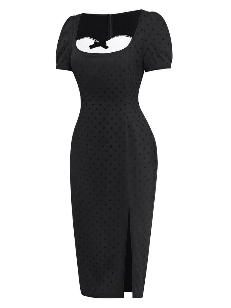 [Prévente] Robe à Pois Noirs avec Nœud et Blocs de Couleurs Années 1960