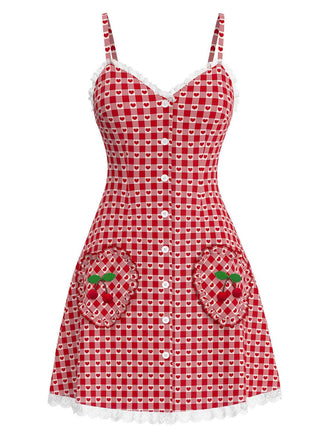 [Prévente] Robe rouge à bretelles à carreaux cerise et cœur patchwork en dentelle années 60