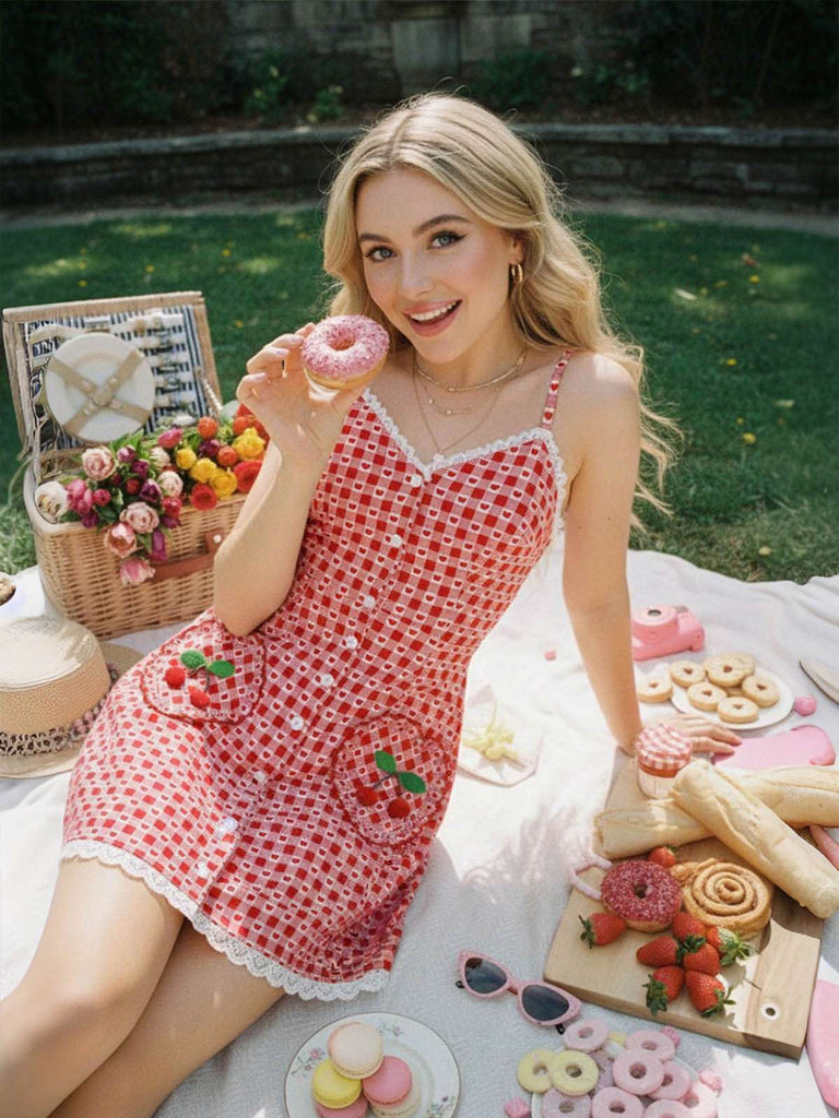 [Prévente] Robe rouge à bretelles à carreaux cerise et cœur patchwork en dentelle années 60