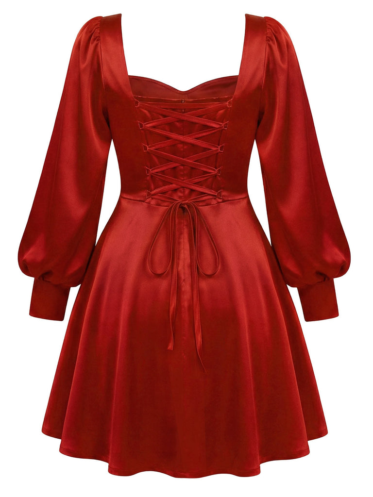 [Prévente][Grande Taille] Robe bordeaux en satin uni motif rose 3D années 1960