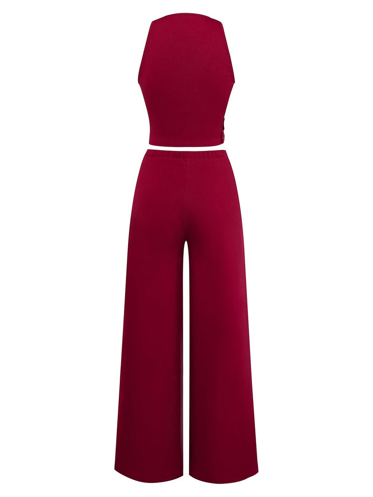 2PCS Ensemble Gilet et Pantalon Solide Col V Profond Ceinturé Années 1950