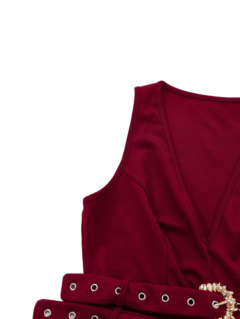 2PCS Ensemble Gilet et Pantalon Solide Col V Profond Ceinturé Années 1950