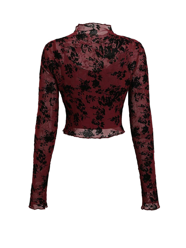 3PCS Ensemble transparent motif floral floqué rouge vin années 1930