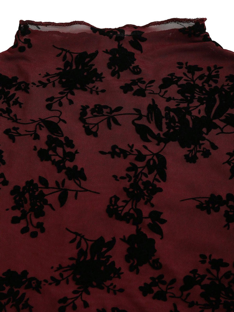 3PCS Ensemble transparent motif floral floqué rouge vin années 1930