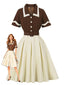 Robe ceinturée revers contrastés couleur café et beige années 1950