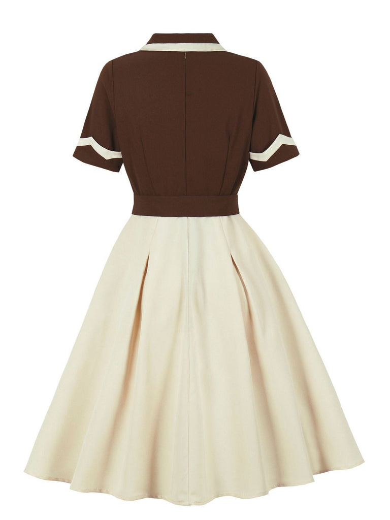 Robe ceinturée revers contrastés couleur café et beige années 1950
