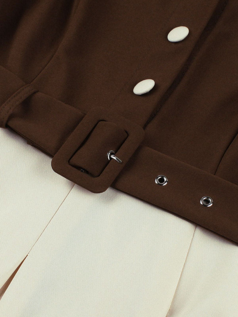 Robe ceinturée revers contrastés couleur café et beige années 1950