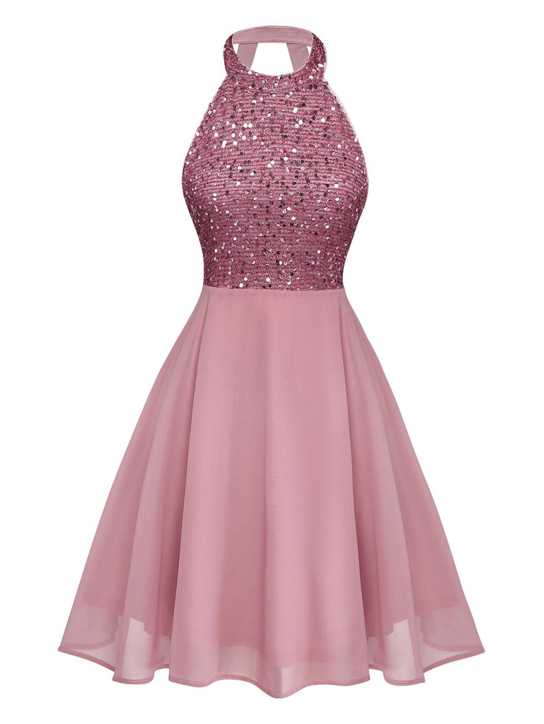 Robe patchwork sans manches à sequins et perles années 1950