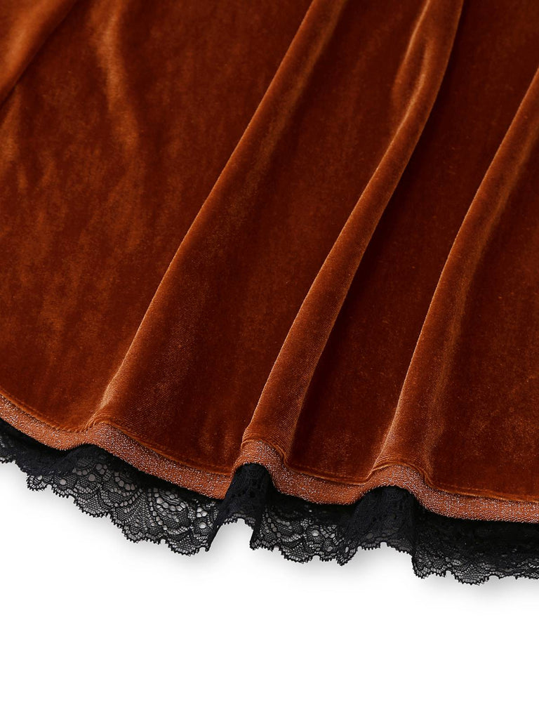 Robe unie marron à revers en velours deux-pièces années 1940