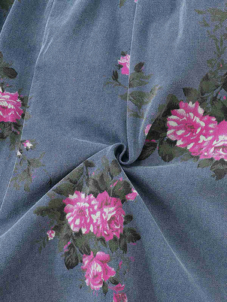 [Prévente] Combishort Bleue Jean Fleurs Bretelles Larges Années 1960