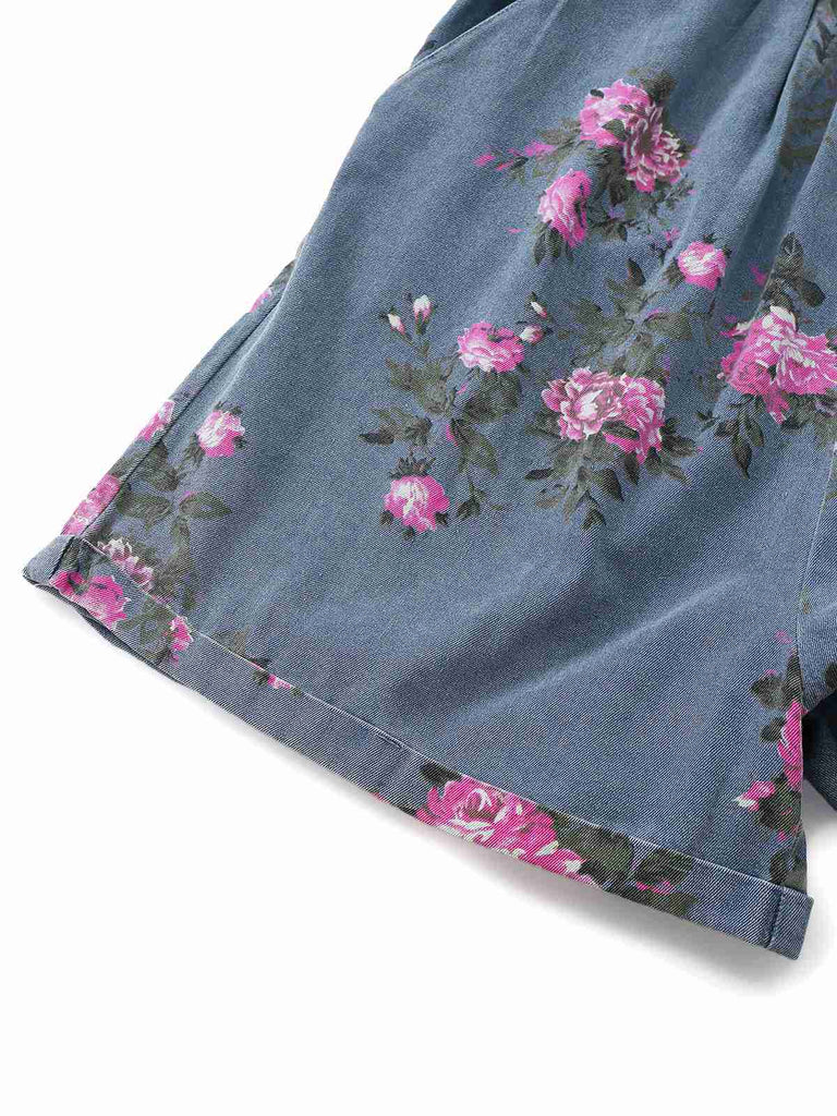 [Prévente] Combishort Bleue Jean Fleurs Bretelles Larges Années 1960