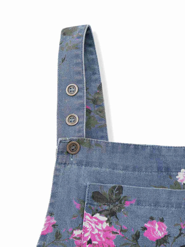 [Prévente] Combishort Bleue Jean Fleurs Bretelles Larges Années 1960