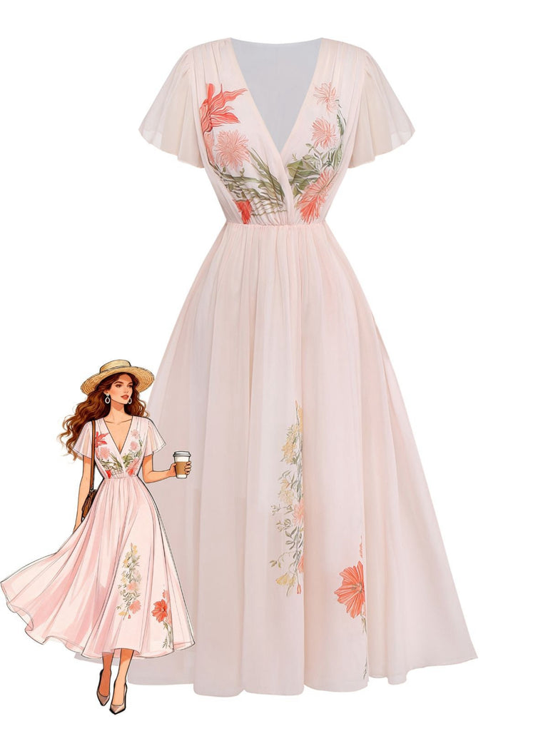 Robe rose col V manches à volants imprimé floral années 1940