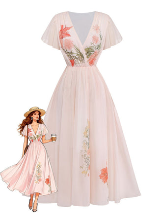 Robe rose col V manches à volants imprimé floral années 1940