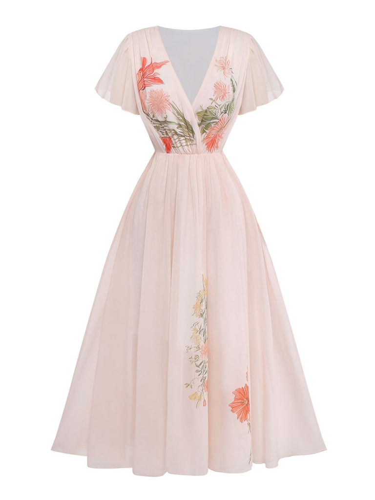 Robe rose col V manches à volants imprimé floral années 1940
