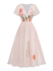 Robe rose col V manches à volants imprimé floral années 1940