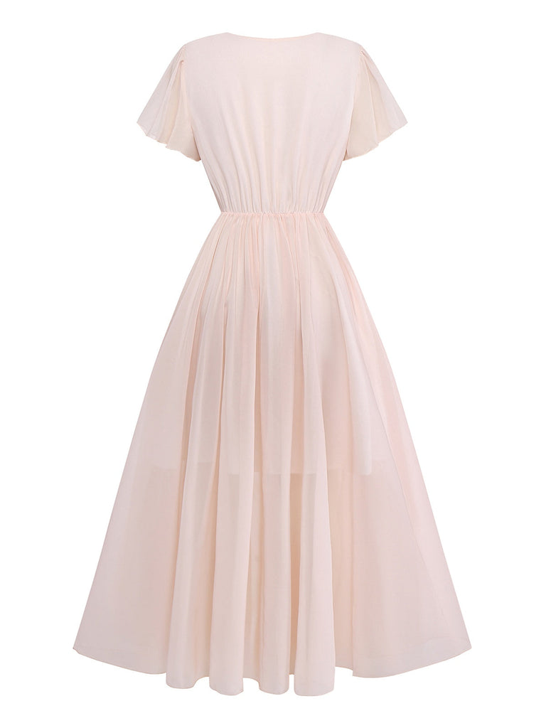 Robe rose col V manches à volants imprimé floral années 1940