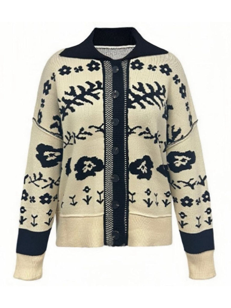 Cadigan Tricoté Beige Fleurs Épaules Tombantes Années 1940