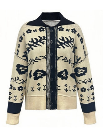 Cadigan Tricoté Beige Fleurs Épaules Tombantes Années 1940