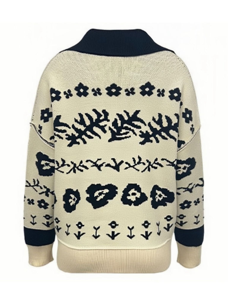 Cadigan Tricoté Beige Fleurs Épaules Tombantes Années 1940