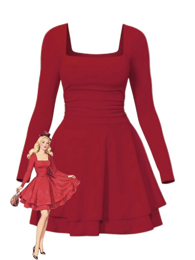 Robe coupe cintrée col carré et manches longues années 1980